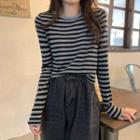 Round-neck Striped Long-sleeve Top Stripe - Gray & Black - One Size