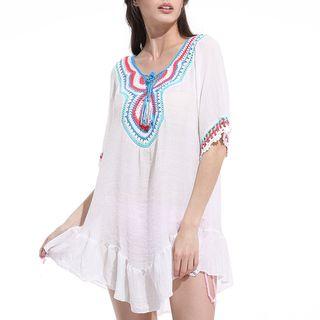 Crochet Trim Flounced-hem Elbow-sleeve Cover-up