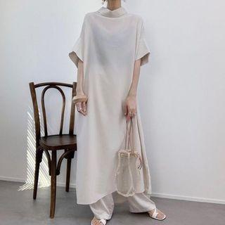 Elbow-sleeve Plain Midi Dress Beige - One Size