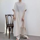 Elbow-sleeve Plain Midi Dress Beige - One Size