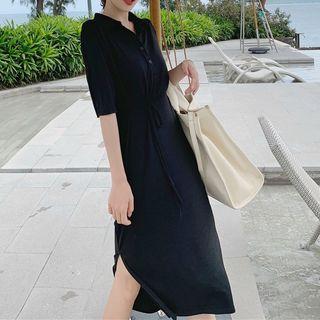 Side-slit Elbow-sleeve Midi Polo Shirt Dress