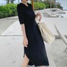 Side-slit Elbow-sleeve Midi Polo Shirt Dress