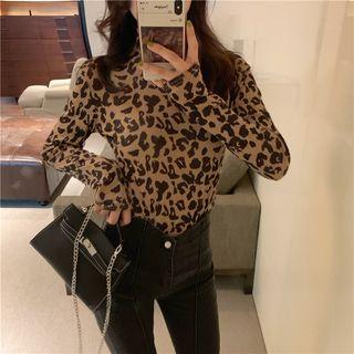 Mock Neck Long-sleeve Leopard Print Top As Shown In Figure - One Size
