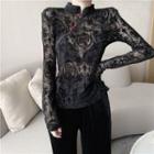 Long-sleeve Lace Qipao Top Black - One Size