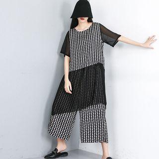 Set: Short-sleeve Dotted Top + Wide-leg Pants Black - One Size