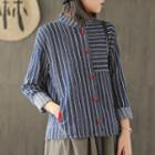 Long-sleeve Striped Blouse Blue - One Size