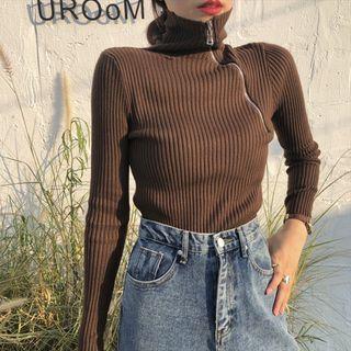 Turtleneck Zip-up Ribbed Knit Top