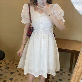 Short-sleeve Drawstring Mini A-line Dress White - One Size