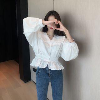 Lace Trim Lantern-sleeve Blouse / Cropped Cardigan