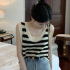 Sleeveless Striped Knit Top Milky White & Black - One Size