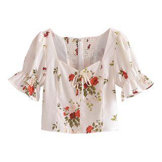 Short-sleeve Floral Print Shirred Panel Crop Top