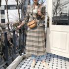 Double-breasted Maxi Plaid Coat Dark Beige - One Size
