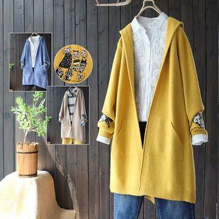 Cat Embroidered Open Front Long Cardigan