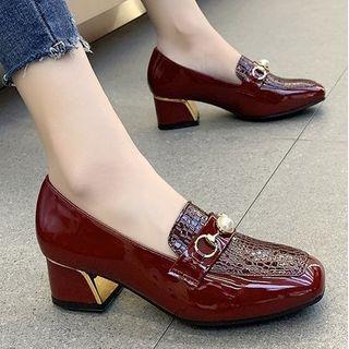 Block Heel Faux Pearl Patent Loafers