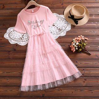 Lettering Short-sleeve Mesh Overlay A-line Dress