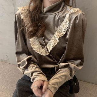 Long-sleeve Lace Trim Mock-neck Top