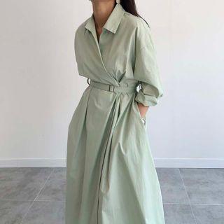 Belted Midi A-line Shirt Dress
