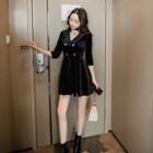3/4-sleeve Double Breasted Velvet A-line Mini Dress