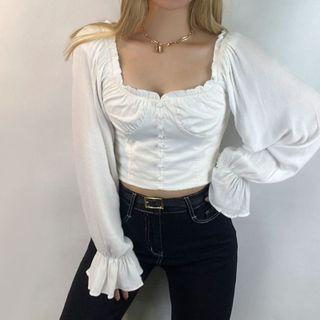 Long-sleeve Scoop-neck Frill Trim Crop Top