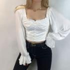 Long-sleeve Scoop-neck Frill Trim Crop Top