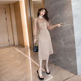 Set: Dotted Mesh Top + Camisole + A-line Midi Skirt