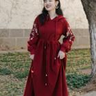 Floral Embroidered Drawstring-waist Midi A-line Hoodie Dress