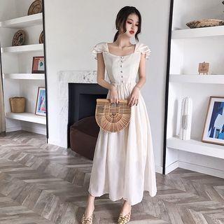 Ruffled Short-sleeve Buttoned Midi Dress