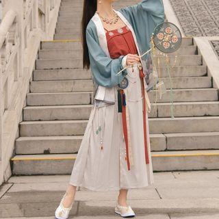 Printed Hanfu Blouse / Flower Embroidered Camisole / Midi A-line Skirt