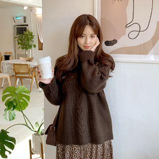 Drop-shoulder Cable-knit Sweater Dark Brown - One Size
