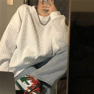 Long-sleeve Plain Cable Knit Sweater White - One Size