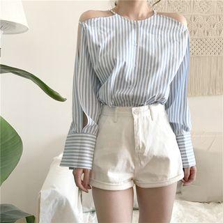 Long-sleeve Off Shoulder Striped Blouse
