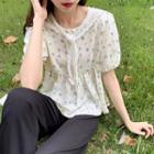 Short-sleeve Floral Blouse With Shawl