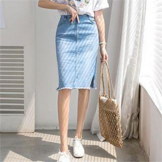 Band-waist Slit-side Denim Skirt