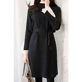Lace-detail Knit Dress With Sash