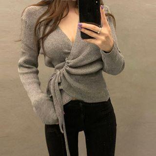 V-neck Asymmetric Drawstring Skinny Knitted Sweater