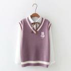Plain Blouse / Rabbit Embroidered Sweater Vest