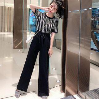 Set: Short-sleeve Striped Knit Top + Wide-leg Pants Top - Stripes - Black - One Size / Pants - Black - One Size