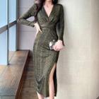 Long-sleeve Deep V-neck Slit Midi Sheath Dress
