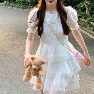 Puff-sleeve Ruffle Collar A-line Layered Dress
