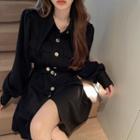 Puff-sleeve Pointy-collar Mini Shirtdress