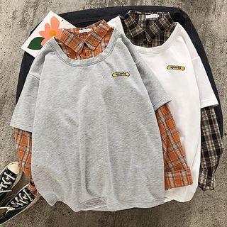 Mock Two-piece Long-sleeve Plaid T-shirt