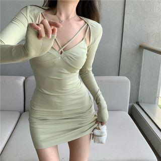 Strappy Mini Sheath Dress / Light Jacket / Arm Sleeve