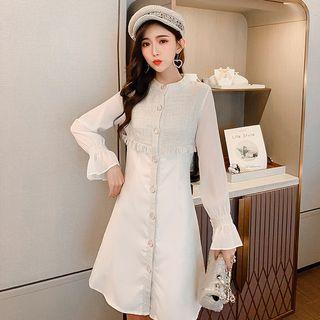 Long-sleeve Tweed Paneled Buttoned Chiffon A-line Dress