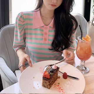 Short-sleeve Striped Polo Shirt Stripe - Green & Pink - One Size