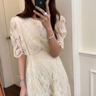 Elbow-sleeve Lace Midi A-line Dress Off-white - One Size
