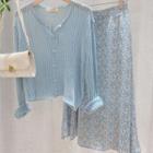 Set: Ribbed Knit Cardigan + Flower Print Midi A-line Skirt