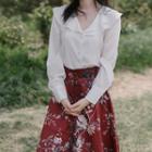 Set: Layered Collar Blouse + Flower Print Midi A-line Skirt