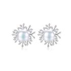 Sterling Silver Fashion And Elegant Flower Stud Earrings With Freshwater Pearls And Cubic Zirconia Silver - One Size