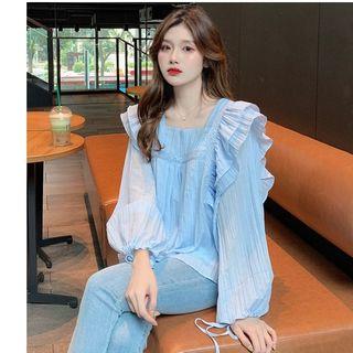 Lace Trim Ruffle Square-neck Blouse Light Blue - One Size