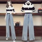 Short-sleeve Striped Polo Knit Top / Wide Leg Jeans / Set